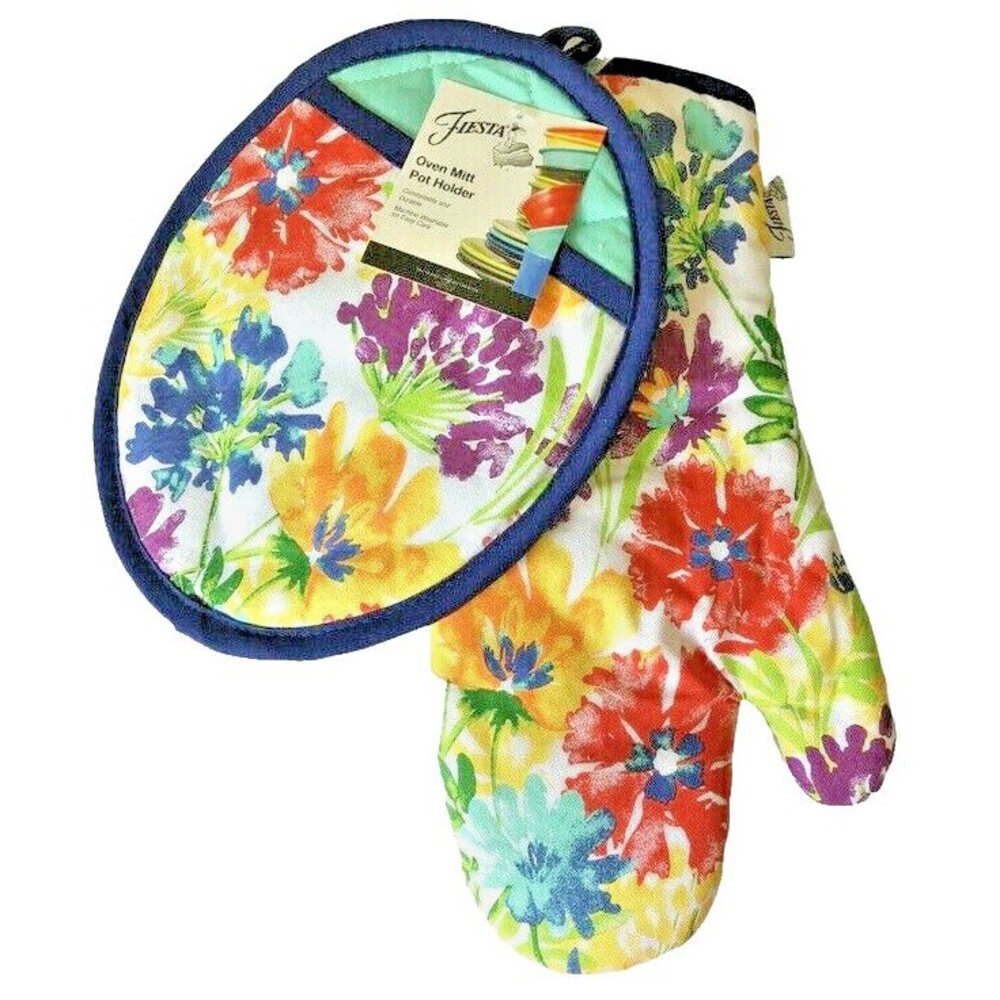 Fiesta Splash Kitchen Potholder Oven Mitt 100% Cotton Set of 2 Rainbow Colors